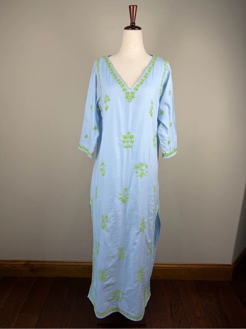 Gretchen Scott Blue Embroidered Kaftan Dress Size Small Resort Cover Up Tunic - Picture 2 of 16